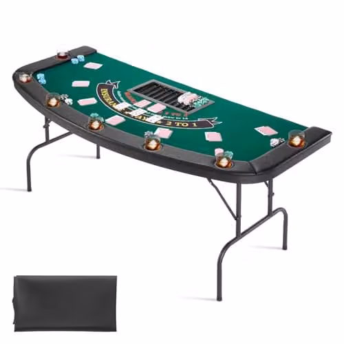 VEVOR Opvouwbare Pokertafel voor 7 Spelers, Semi-Ovale Casino Speeltafel met Bekerhouders en Gewatteerde Rails, Groen en Zwart, Breedte: 182,88 cm