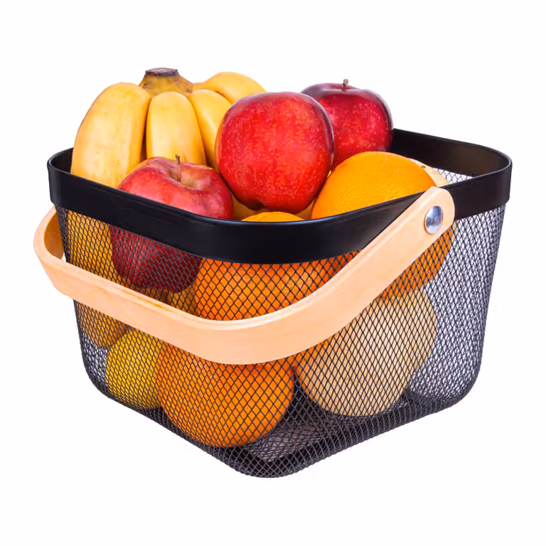QUVIO Draagbare metalen mesh mand met houten handvat - Zwart