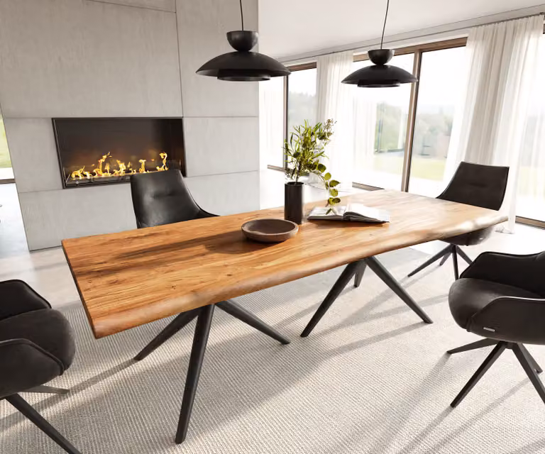 DELIFE Eettafel Edge Estelar, Acacia hout en Metaal, Ovaal, Natuur/Zwart, B: 240 cm, D: 100 cm, H: 73,5 cm