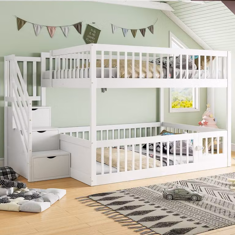 Wit stapelbed voor kinderen met opbergtrap, lades en speelgedeelte, B/D/H: 140 x 200 cm