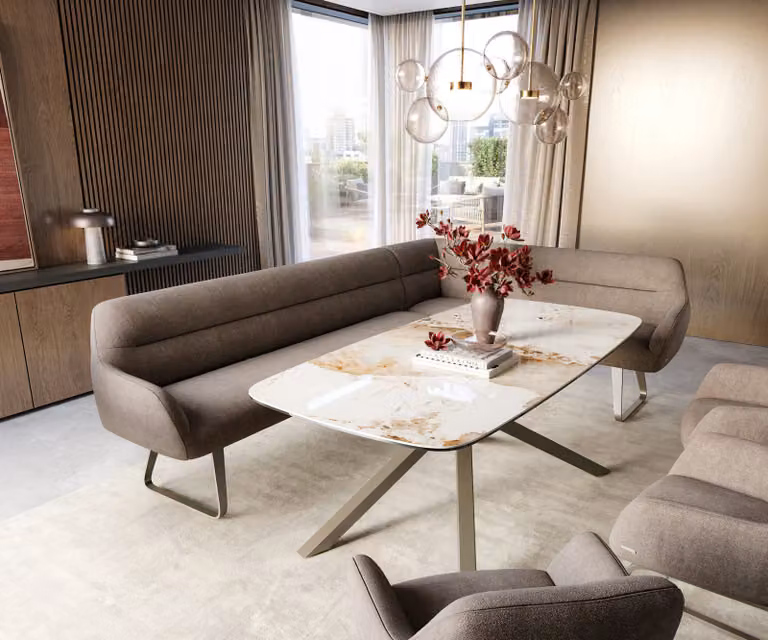 DELIFE Eetkamerbank Taya-Flex L-vormig, Taupe/Beige, B: 282 cm, D: 190 cm, H: 87 cm