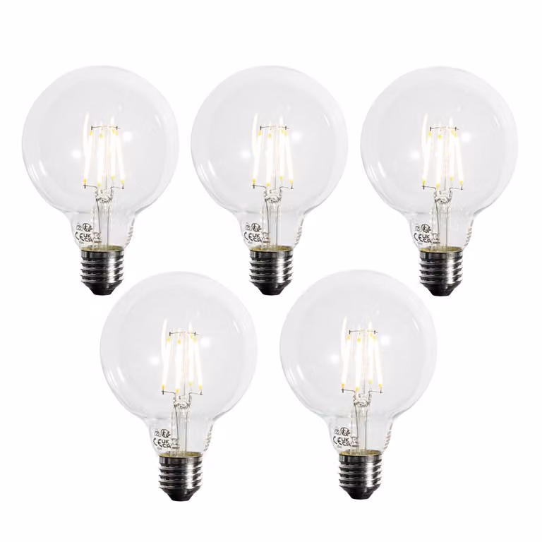 LUEDD Set van 5 E27 dimbare LED filament lampen G95 Globe, 5W, 450 lm, 3000K Warm Wit, Transparant Glas