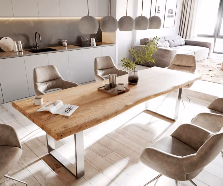DELIFE Eettafel Edge XL van acacia hout en roestvrij staal, Live-Edge, Bruin/Zilver, B: 280 cm, D: 100 cm, H: 75,5 cm