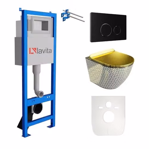 Lavita complete toiletset SOFI SLIM GOLDEN NEVER met LAV 101 voorwandelement, hangend diepspoel WC en LAV 200.4.4 bedieningsplaat in zwart