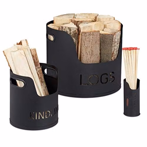 Relaxdays Houtmand set van 3 stuks, zwart metaal, met handvatten
