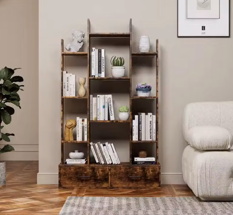 Industriële Boekenkast met 2 Laden - Houtlook Vakkenkast - Bruin - B: 86 cm, D: 25 cm, H: 140.5 cm