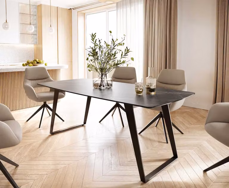 DELIFE Eettafel Edge Bootsform met keramiek Laminam Noir Desir, Bruin/Zwart, B/D/H: 200 x 100 x 74 cm