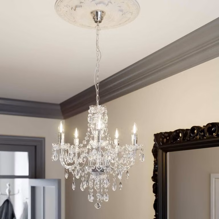 Lindby Merida Kroonluchter - 5 Lichtpunten - Chroom en Transparant - Hoogte: 58 cm, Diameter: 52 cm
