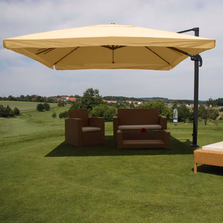 Mendler Gastronomie-scherm met pergola model HWC-A96, draaibaar zonnescherm in crème, 3x4 meter (diameter 5 meter)