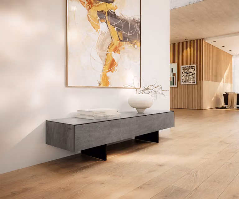 DELIFE Tv-meubel Cuor Modern Grijs Keramiek en MDF met Metaal Zwart Onderstel B: 150 cm, D: 40 cm, H: 35 cm