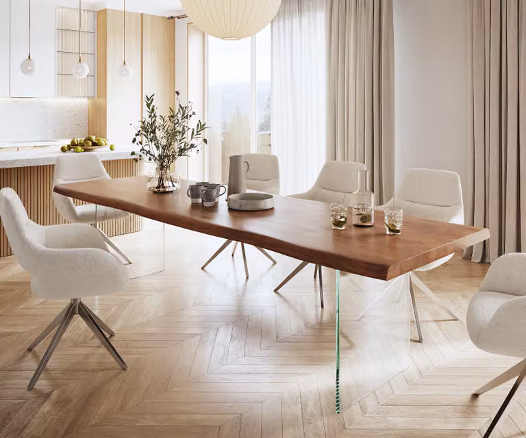 DELIFE Eettafel Edge Live-Edge Acacia en Glas, Bruin, B: 300 cm, D: 100 cm, H: 76,5 cm