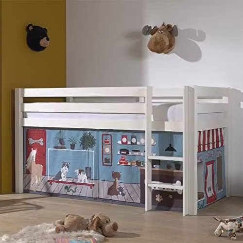 Vipack halfhoog bed PINO met textielset Pet Shop, massief beuken, wit gelakt, 90 x 200 cm