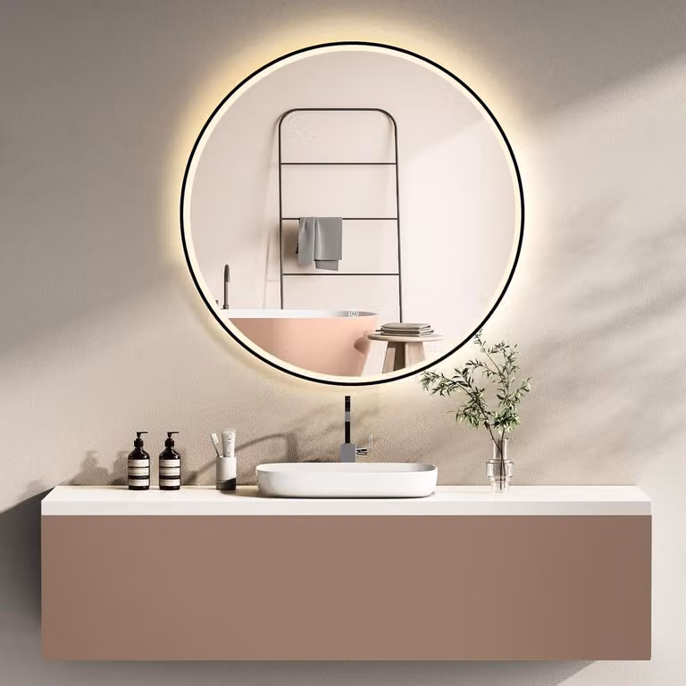 PonteSino Wandspiegel Rond met LED en Memory-functie, Zwart Aluminium Frame, Helsinki