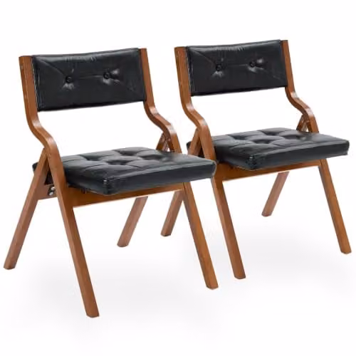 SEEDWAVE Set van 2 opklapbare eetkamerstoelen met kunstleer en gebogen houten frame, Walnoot/Zwart