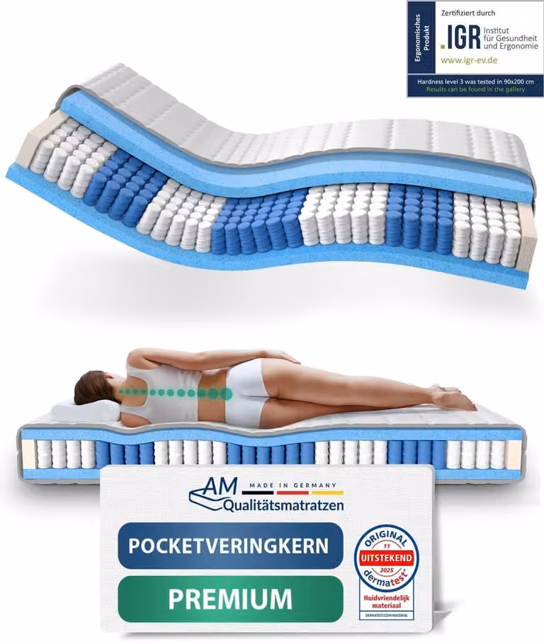 AM Qualitätsmatratzen 7-Zone Pocketveringmatras met TENCEL Lyocell tijk, H3, Gemiddeld, 90 x 210 cm