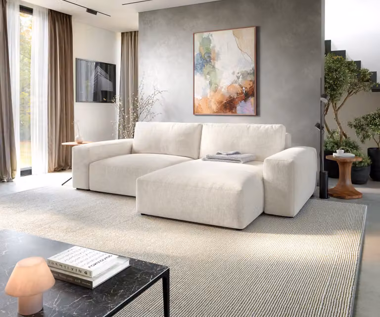 DELIFE Hoekbank Lanzo XL Beige, Moderne L-vormige Stoffen Bank met Variabele Chaise Longue en Losse Rugkussens, B/D/H: 274 x 175 x 69 cm