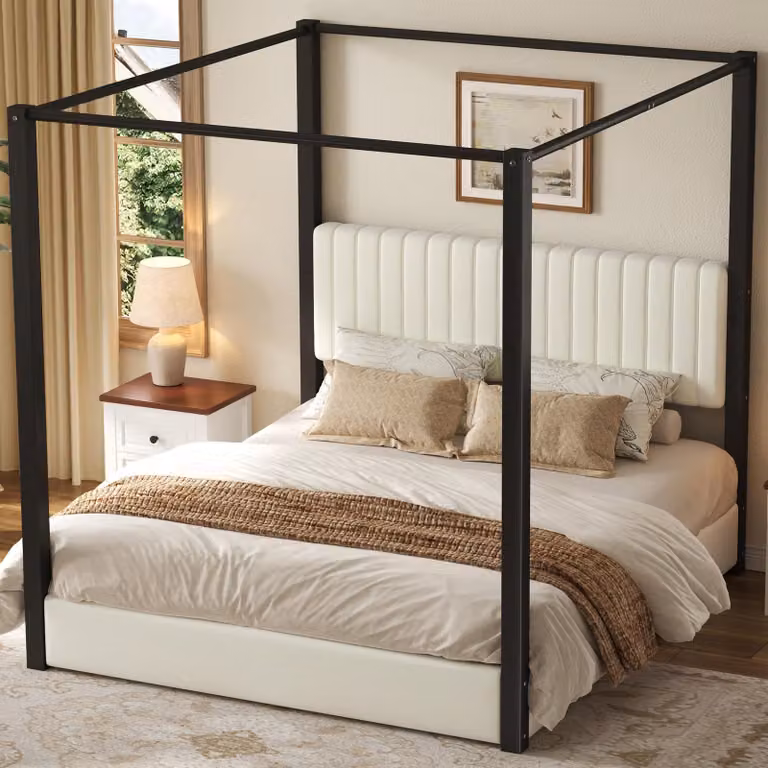 STILVORA Gestoffeerd hemelbed met hoofdeinde en metalen frame, beige en zwart, 180x200 cm