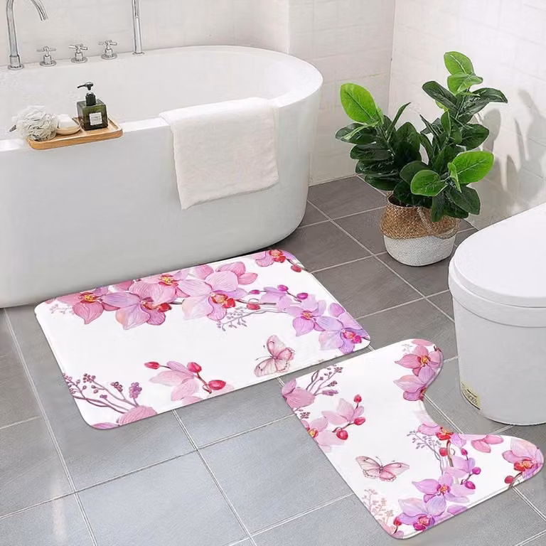 Zachte badkamertapijt set met hoge pool inclusief toiletmat en badmat - Roze - 90 x 60 cm