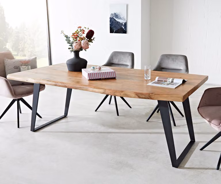DELIFE Eettafel Edge Live-Edge Acacia en Metaal, Bruin/Zwart, B: 200 cm, D: 100 cm, H: 76,5 cm