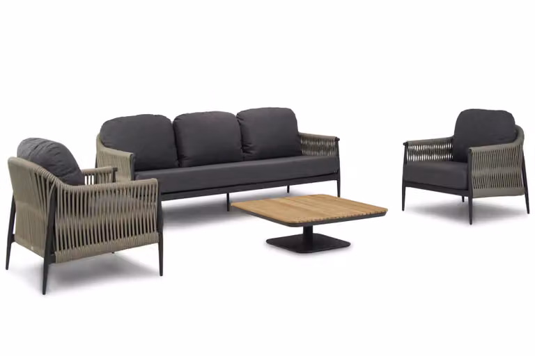 Coco Lucia/Ralph 4-delige loungeset met 3-zits bank, fauteuil en salontafel, grijs, aluminium en teak
