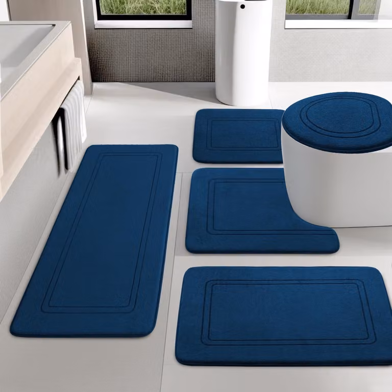 Chakme Badkamermatset van 5 stuks, antislip en wasbaar, zachte traagschuim matten met U-vormig toiletmatje, marineblauw