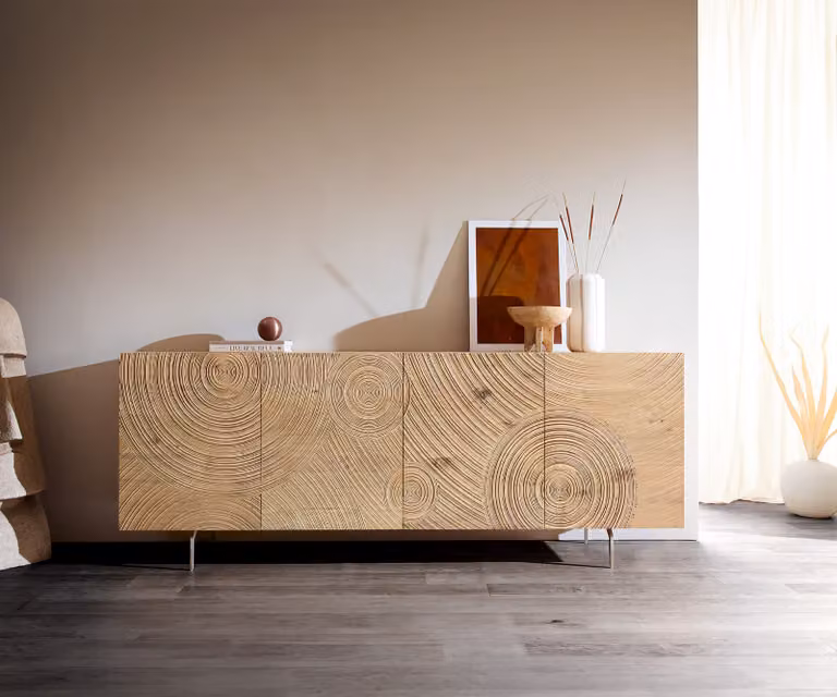 DELIFE Dressoir Ashara Eiken Natuur met 3D-effect, 4 Deuren en Geborsteld RVS, Breedte: 200 cm