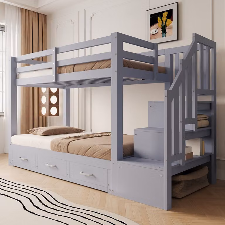 Mivray Stapelbed met uitschuifbaar onderbed en 3 lades, Grijs, 90x200 cm