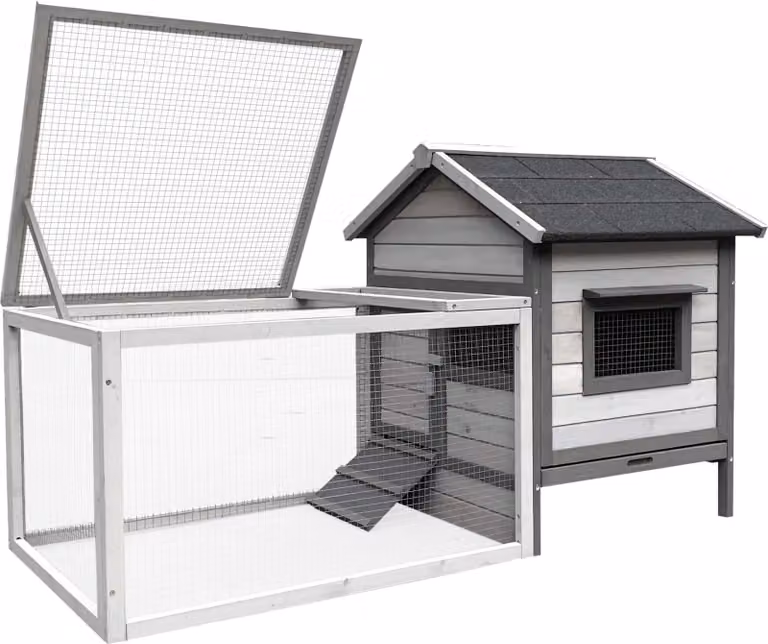Wiltec Konijnenhok lichtgrijs met 2 etages, omheining en verhoogd houten schuilhok, B/D/H: 146 x 75 x 83 cm