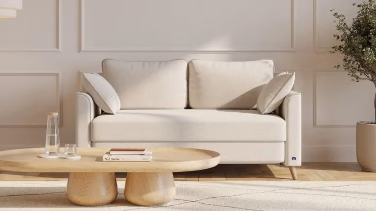 BRUNO slaapbank beige met eiken massief hout en boxspringcomfort, 140 cm