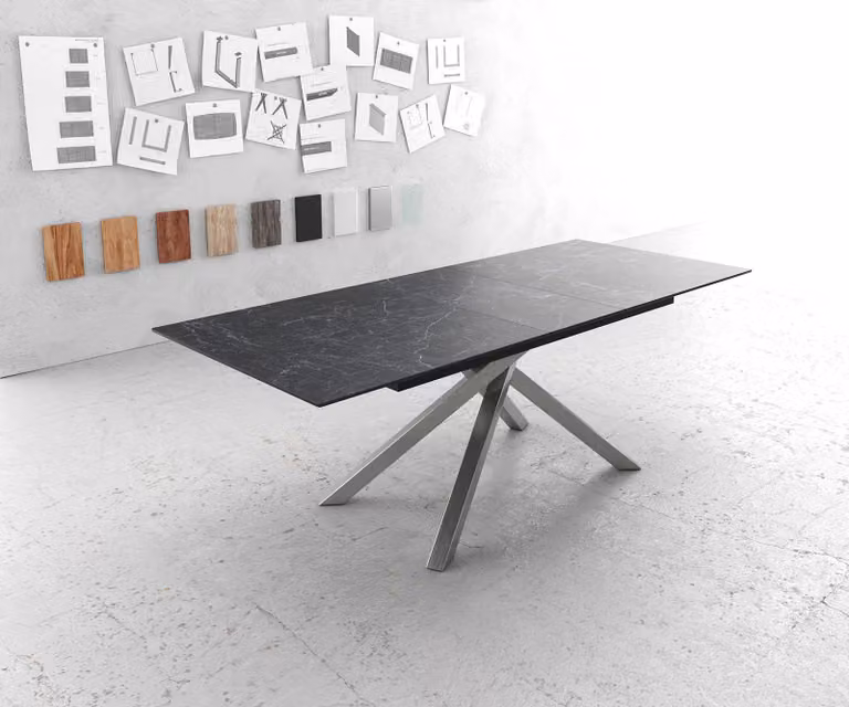 DELIFE Eettafel Edge uitbreidbaar met Laminam keramiek blad in grijs en zilver x-frame onderstel B: 180-220 cm, D: 100 cm, H: 73 cm