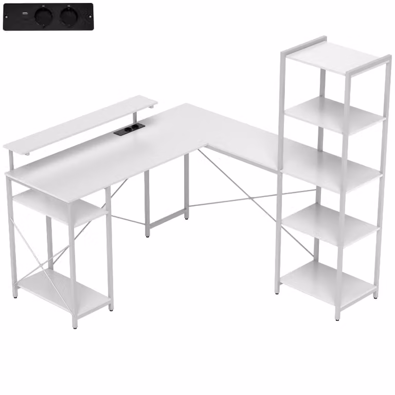 HOMCOM L-vormig hoekbureau met geïntegreerd stopcontact, USB en monitorstandaard in het wit met opbergplanken, B/D/H: 137 x 140 x 139,5 cm
