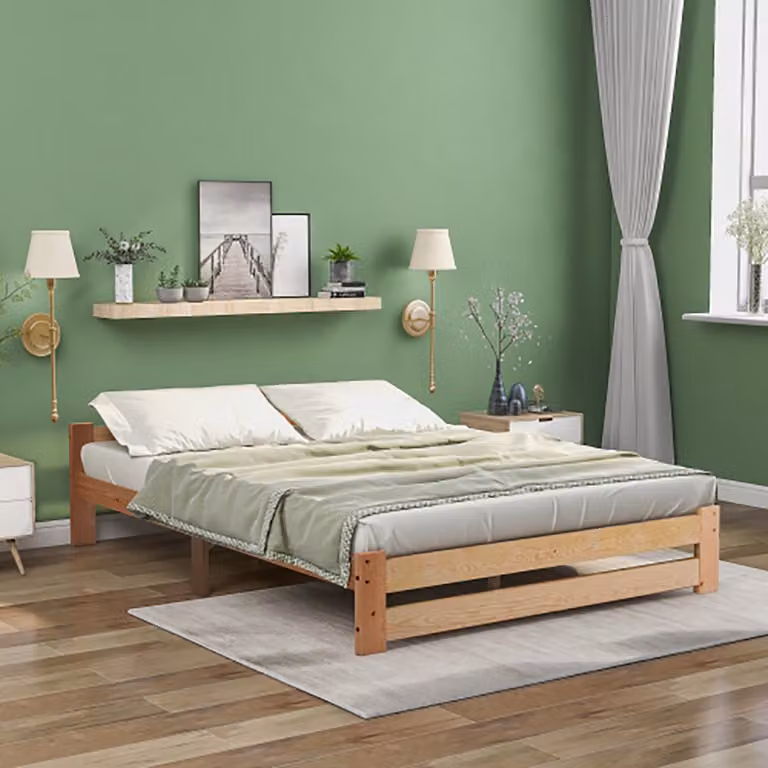 Sweiko Massief Houten Futonbed met Hoofdbord en Lattenbodem, Naturel, B/D/H: 140 x 200 cm