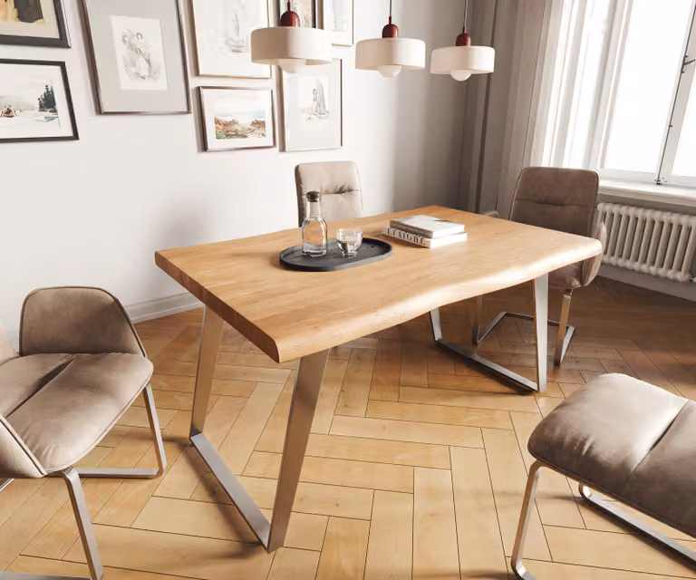 DELIFE Eettafel Edge van acacia hout met live-edge design, Bruin/Zilver, B: 140 cm, D: 90 cm, H: 76,5 cm