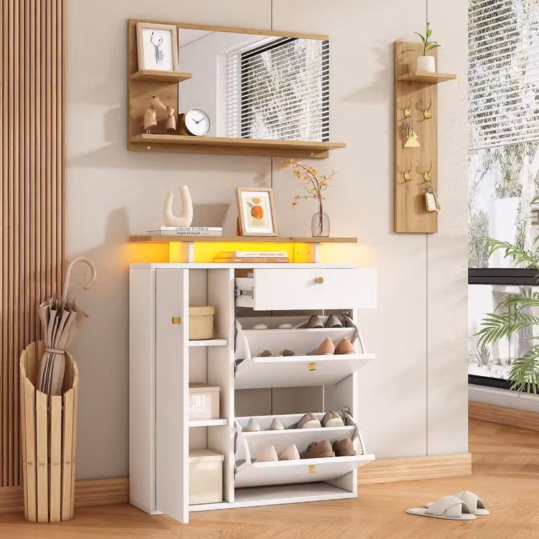 Witte Garderobe Set met LED Verlichting voor je Entree - B/D/H: 105 x 25 x 151.5 cm