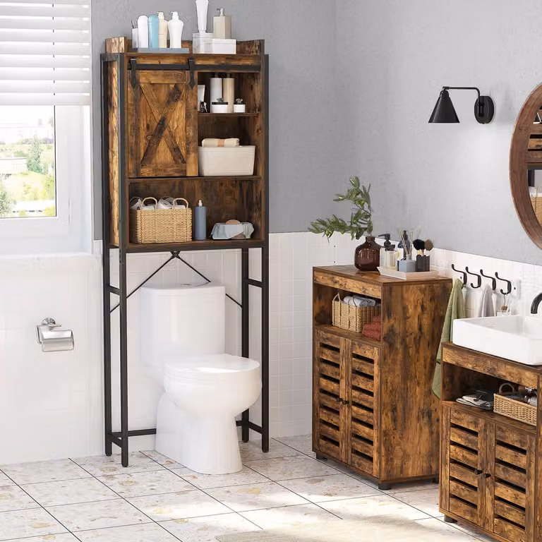 VASAGLE Badkamerkast met stalen frame en houten elementen, bruin, B: 64 cm, D: 24 cm, H: 170 cm