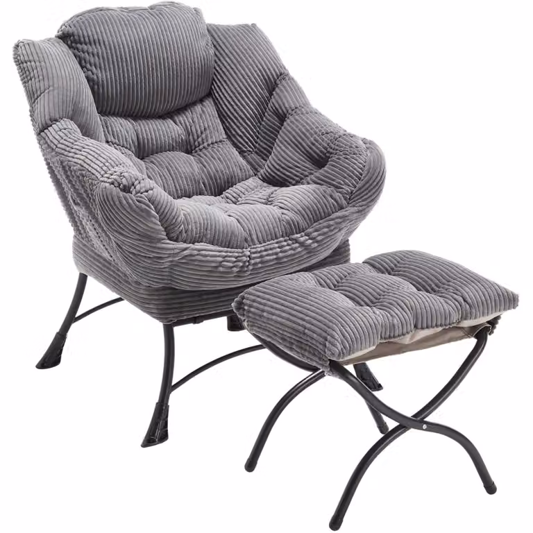 SEEDWAVE Flanel fauteuil met bijpassende poef en zijvak, grijs
