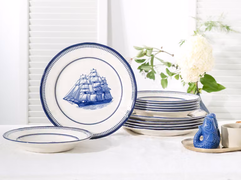 CreaTable 12-delige servieset voor 6 personen, serie zeilschip, blauw/multicolor, aardewerk, vaatwasser- en magnetronbestendig
