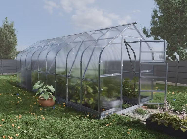 Baumera Kas KLASIKA STANDART 15 met fundering, 4 mm polycarbonaat en automatische dakluiken, 2,5 x 6 m