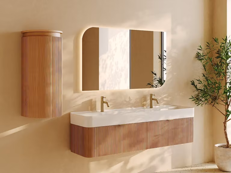 BULMAS Ronde Badkamerkolom in massief hout voor wandmontage - Licht naturel - Hoogte: 84 cm