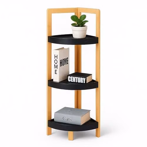 Relaxdays Bamboe Hoekrek met 3 Planken, Vrijstaand, Bruin-Zwart, H 77 x B 23 x D 23 cm