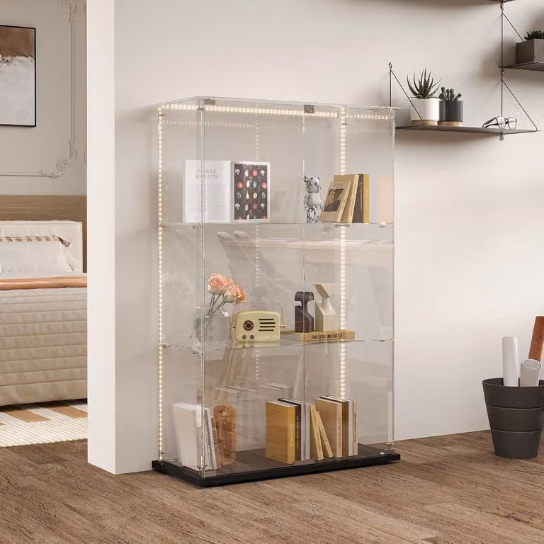 Glazen Vitrinekast met LED Verlichting - Zwart - B/D/H: 123,5 x 35 x 78,5 cm