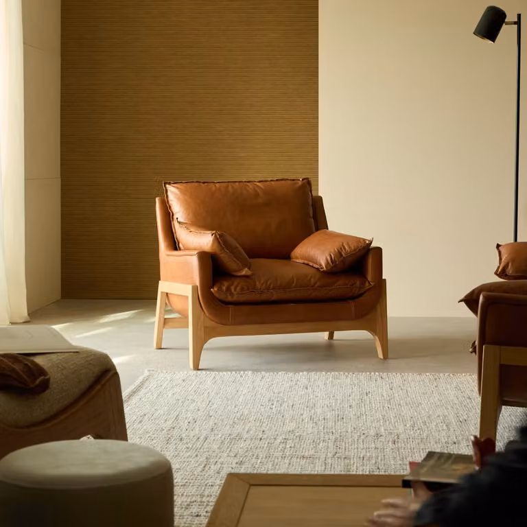Woodnest Leren fauteuil in massief eikenhout - Bruin