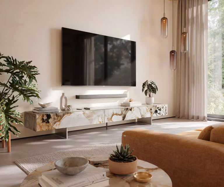 Tv-meubel Cuor 250 cm met Keramiek Patagonia gepolijst, 1 flap en 1 lade met zwevende voetlook en roestvrij staal