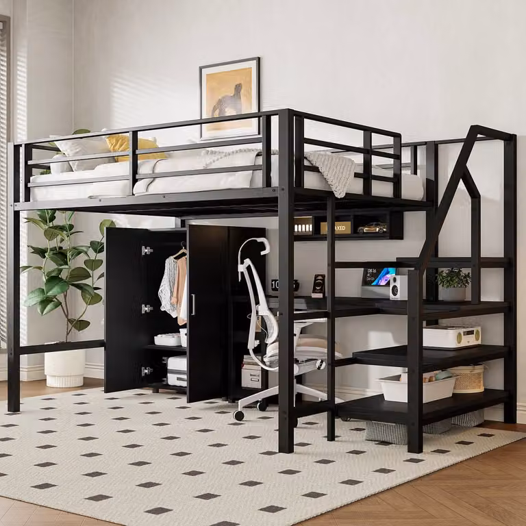 Wishdor Hoogslaper met bureau, kledingkast en opbergrekken, Zwart Metaal/MDF, 140 x 200 cm