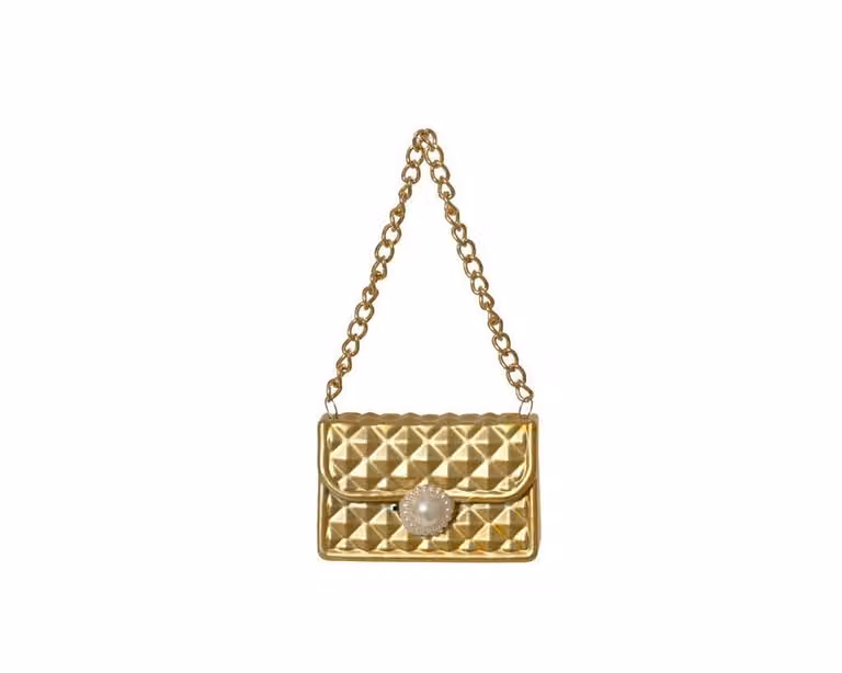Gouden kersthanger in de vorm van een tas met tekst, B: 7 cm, D: 2 cm, H: 4 cm