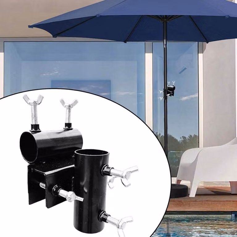 Zwarte verstelbare klembeugel voor het plaatsen van een parasol op het balkon - 12.5 x 11.5 x 9.5 cm