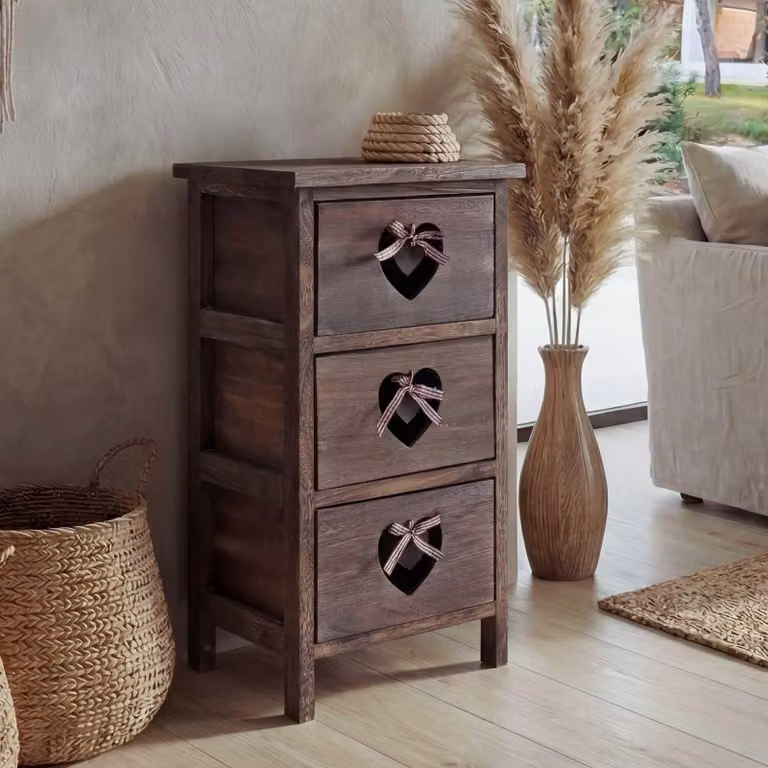 Mendler Kommode Forli Ladekast met 3 Lades en Hartmotieven, Shabby Chic, Vintage Bruin, B: 55 cm, D: 29 cm, H: 25 cm