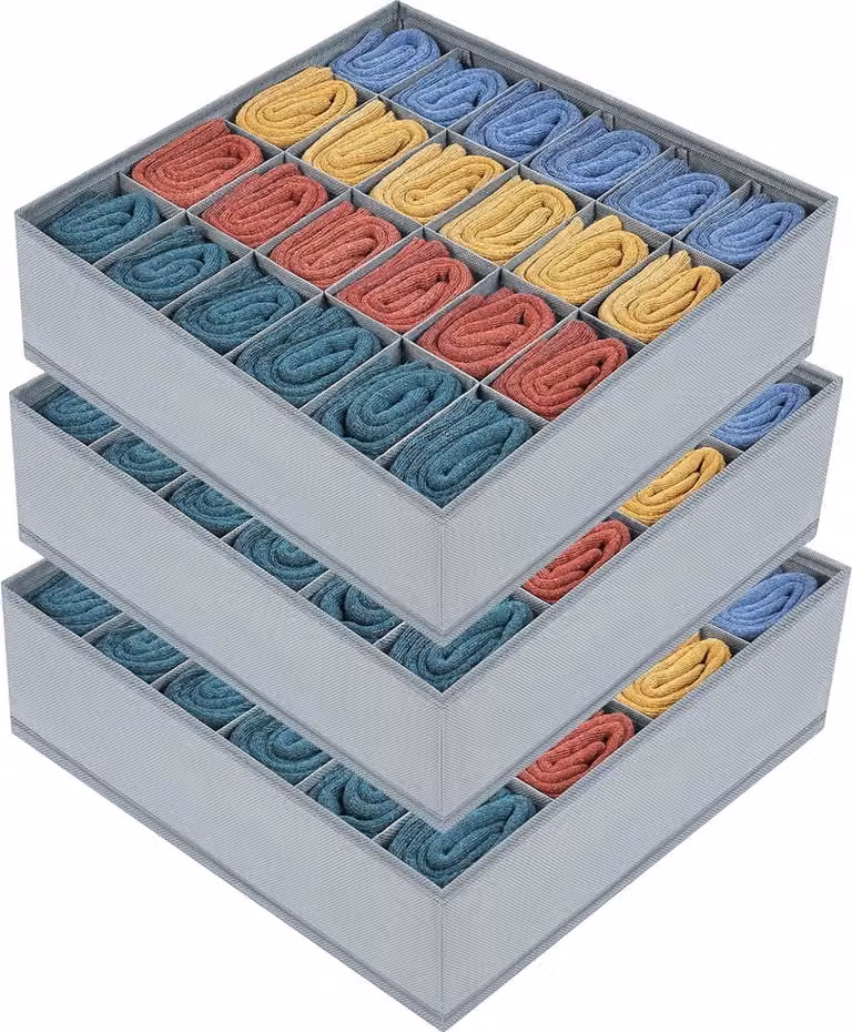 Set van 3 opvouwbare lade-organizers met 24 vakken voor ondergoed, sokken en accessoires