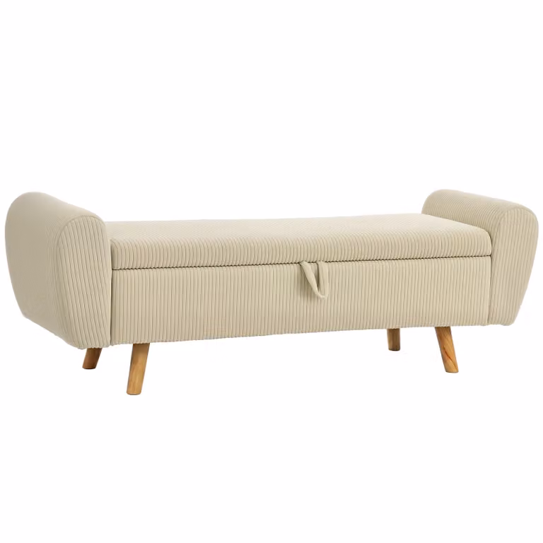 HOMCOM Opbergbank met Corduroy Bekleding en Houten Poten in Beige