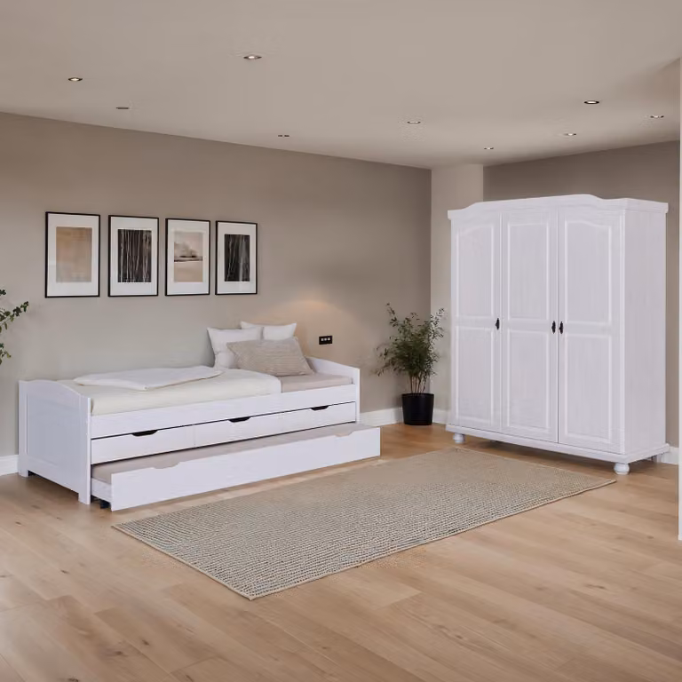 home24 Slaapkamerset Bastian 2-delig met bedframe en ladekast, wit, massief hout, 90 x 200 cm